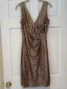 NWT Ralph Lauren Sequined Gold V-Neck Cocktail Dress